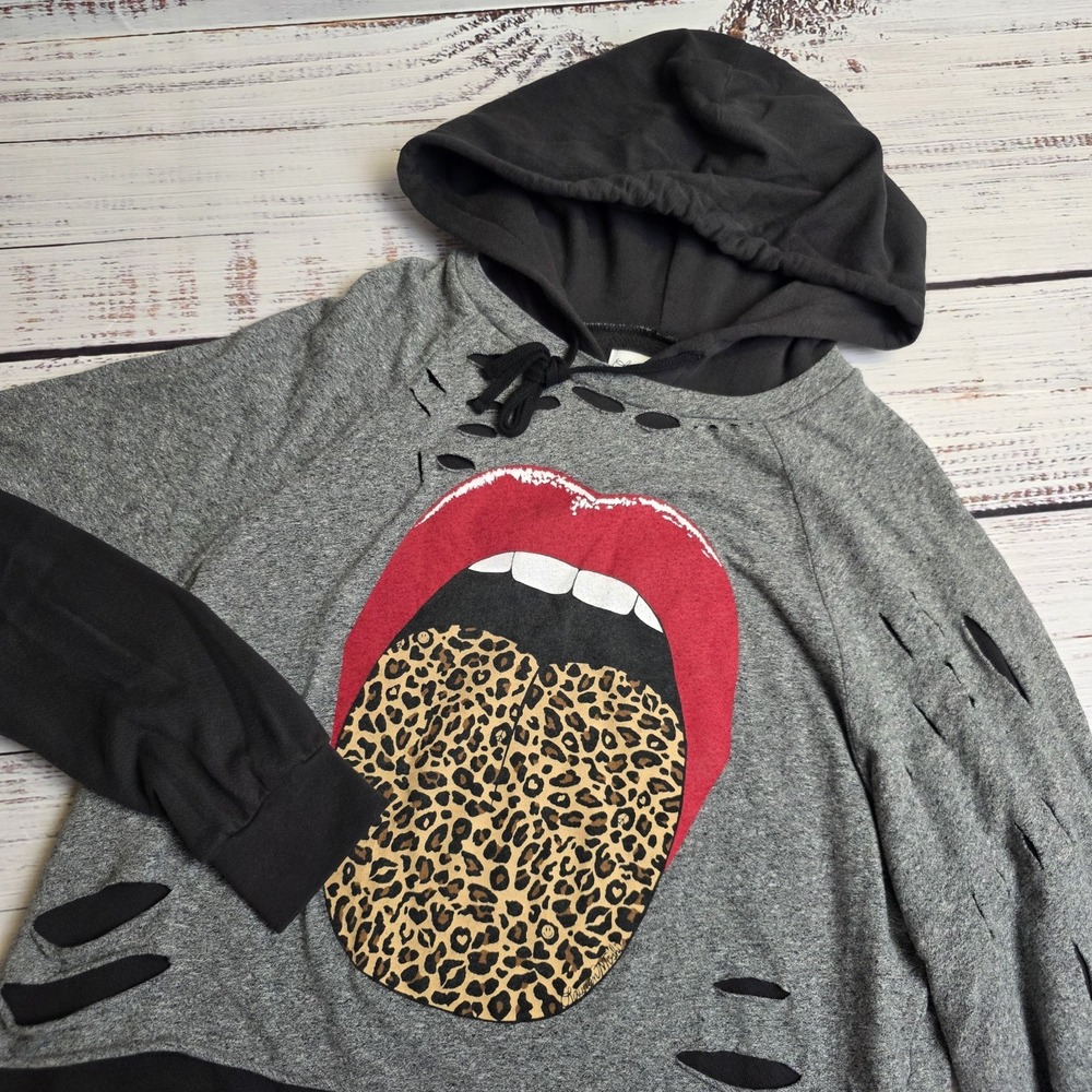 Lauren Moshi Wilma X Leopard Tongue Hooded Sweater Size XS Oversized Distressed